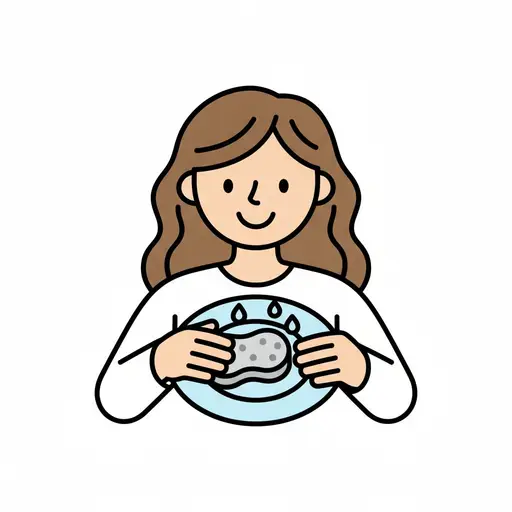 Met een lichtblauw bord in haar hand schrobt een meisje het schoon met een spons terwijl er waterdruppels omhoog spatten.