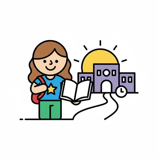 A girl with a backpack holds an open book in front of a school building with the sun, a clock and a winding path.