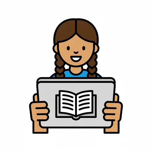 A girl with braids holds a tablet showing an open book on the screen.