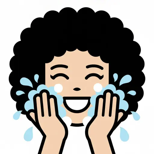 Beaming with her eyes shut, a girl with big curly hair holds handfuls of pale blue suds against her cheeks.