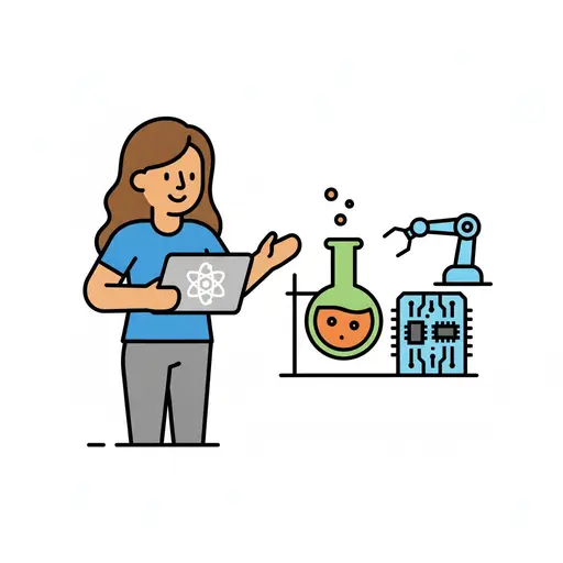 Een meisje houdt een laptop met een atoomsymbool vast, naast een kolf, een robotarm en een printplaat.