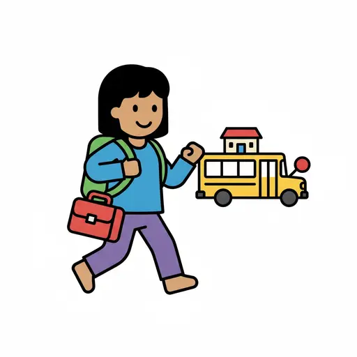 En smilende jente med grønn ryggsekk bærer en rød matboks og går mot en gul skolebuss foran en skolebygning.