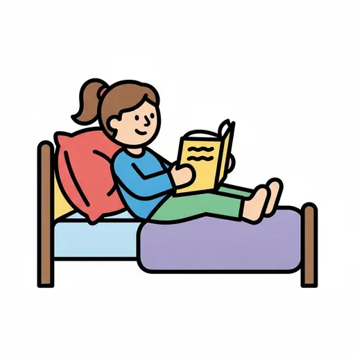 En leende flicka med hästsvans sitter lutad mot en röd kudde i sängen och läser en gul bok.