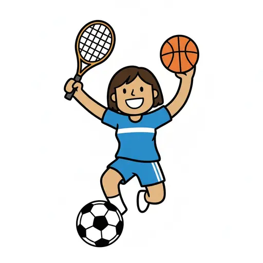 En pige i sportstøj holder en ketsjer og en basketbold med en fodbold ved fødderne.