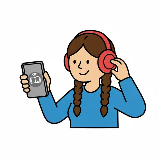 A smiling girl with braids wears red headphones and holds up a phone showing a book symbol on the screen.