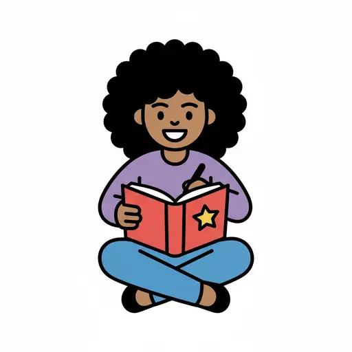 A girl sits cross-legged and writes with a pen in a red diary with a star on the cover.