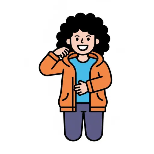 Een vrolijk meisje met krullend haar ritst een oranje jas dicht.
