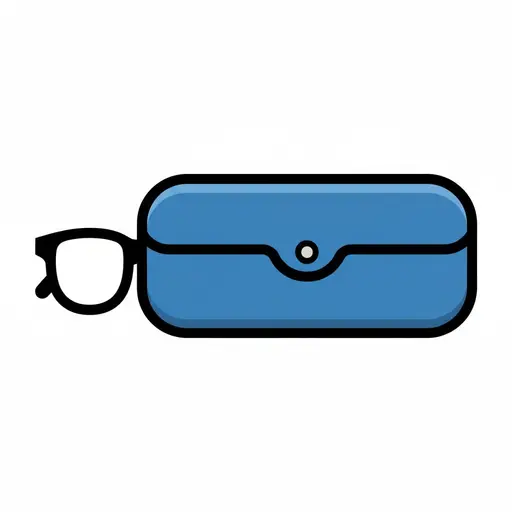 Een blauwe brillenkoker met een zwarte bril die er aan één kant uitsteekt.