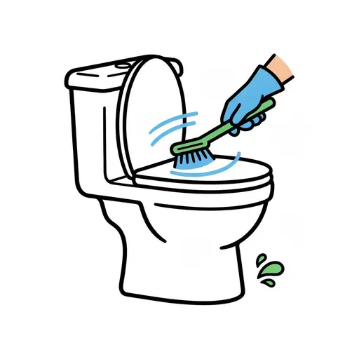 A hand in a rubber glove scrubs the toilet bowl with a brush.