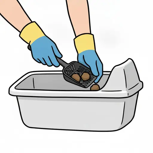 Hands in yellow and blue gloves scoop clumps out of a grey litter box with a black scoop.