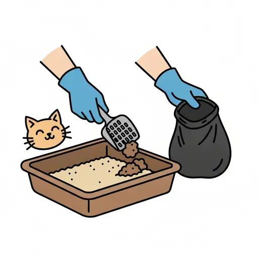 Handen in blauwe handschoenen zeven de kattenbak met een schepje en doen de klonten in een zwarte zak terwijl de kat toekijkt.