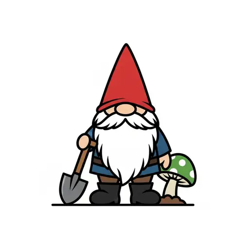 En tomte med röd luva och vitt skägg står med en spade bredvid en svamp.