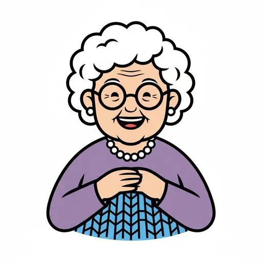 A smiling older woman with white curly hair, a pearl necklace, and glasses, knitting with blue yarn.