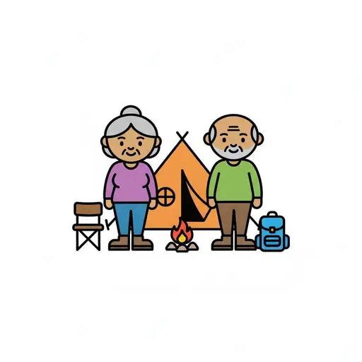 An older couple stands by a tent with a campfire, chair and backpack.