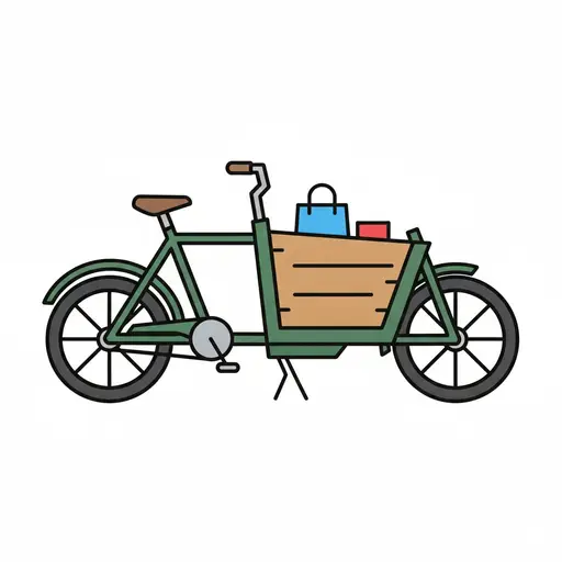 Een groene bakfiets van opzij met een houten bak voorop waarin een blauwe tas en een rood pakket liggen.