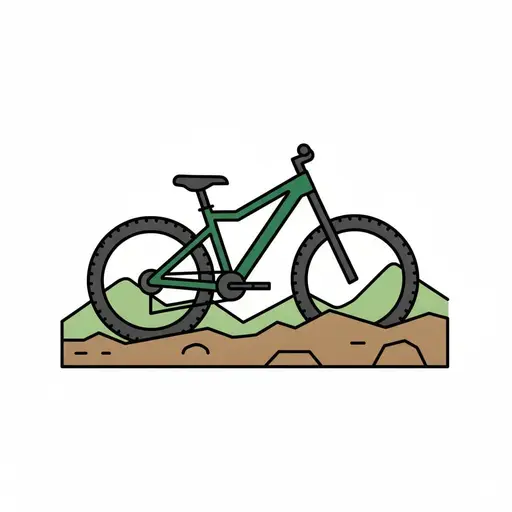 A green mountain bike stands on hilly terrain.