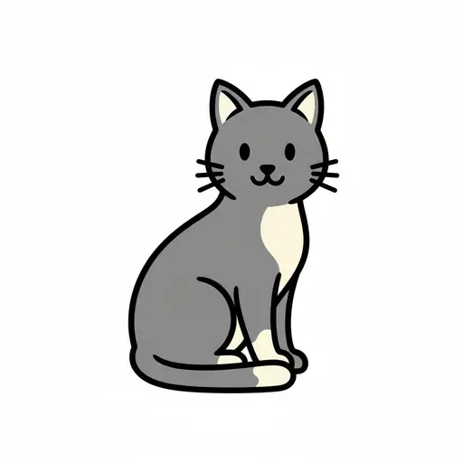 En grå tegnet katt med lyst bryst sitter oppreist med halen lagt foran potene.