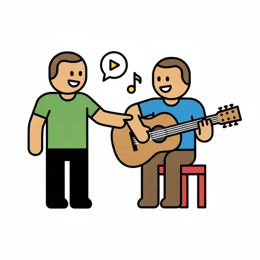 En lærer peger mod en person, der sidder på en skammel og spiller guitar.