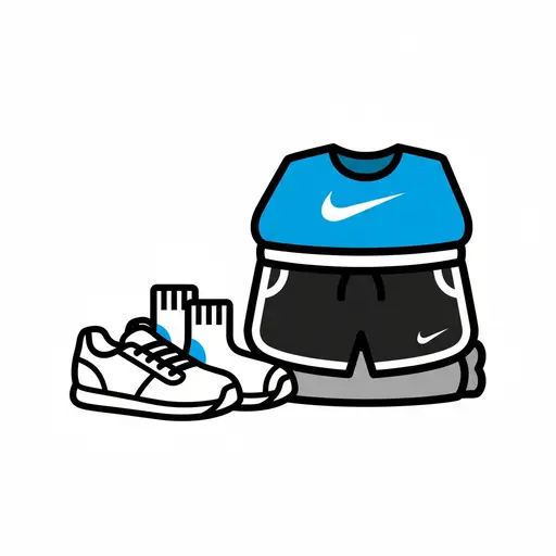 En illustration af sportstøj, der inkluderer en blå t-shirt, sorte shorts, hvide sokker og en hvid sneaker.