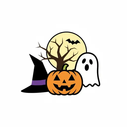 A carved pumpkin, a ghost, a witch hat and a bat in front of a full moon.