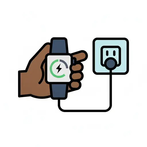 A hand plugs a smartwatch into a charger at the wall socket.