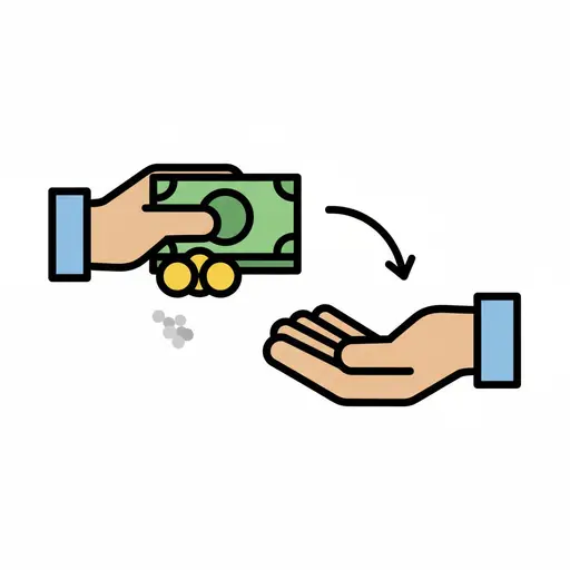 One hand passes a banknote and coins to another open hand.