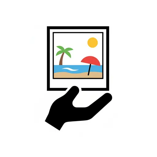 A hand holds up a photograph of a beach with a palm tree, umbrella and sun.