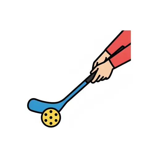 A hand holds a blue floorball stick against a yellow ball with holes.