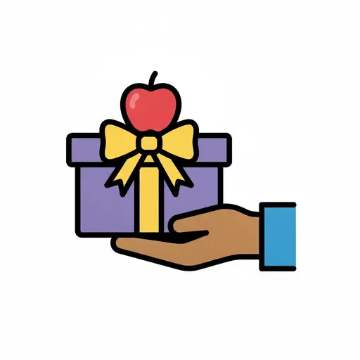 Een hand houdt een ingepakt cadeau met een strik en een rode appel erbovenop voor zich uit.
