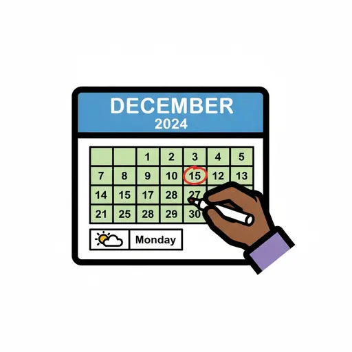 A hand marks a date on a December calendar.