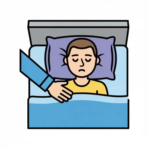 Een hand rust op de schouder van een kind dat in bed slaapt.