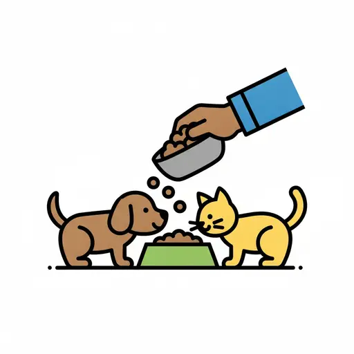 En hånd heller fôr i en skål mens en hund og en katt venter.