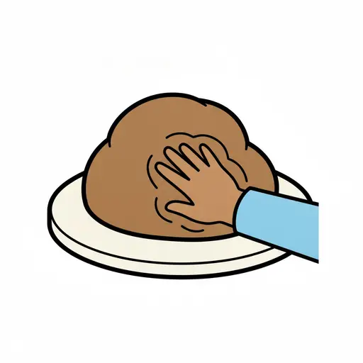 En hand i blå ärm trycker ned i en brun klump lera som ligger på en ljus skiva.