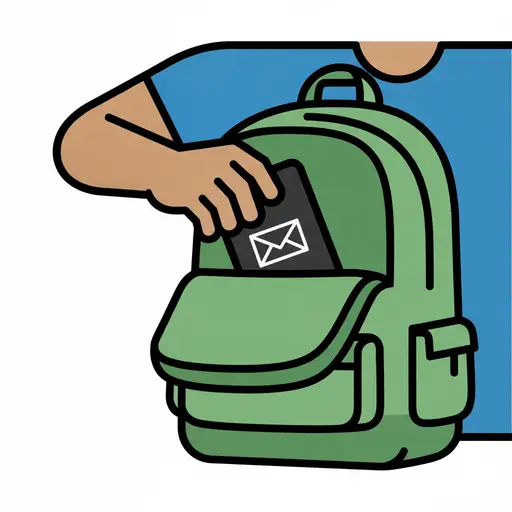 Close-up van een hand die een donkere telefoon met een envelooppictogram op het scherm in het vak van een groene rugzak schuift.