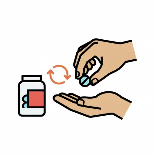 A hand takes a tablet from a jar and places it in the other hand.