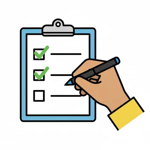 Eine Hand mit Stift hakt Punkte auf einer Checkliste auf einem Klemmbrett ab, zwei Kästchen haben schon grüne Haken.