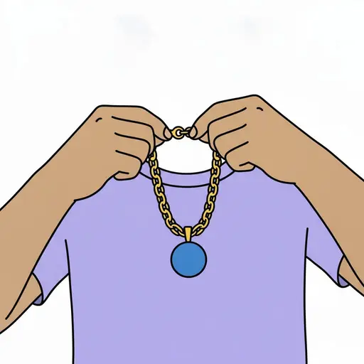 Twee handen houden een gouden ketting met een blauwe hanger voor een paars shirt.