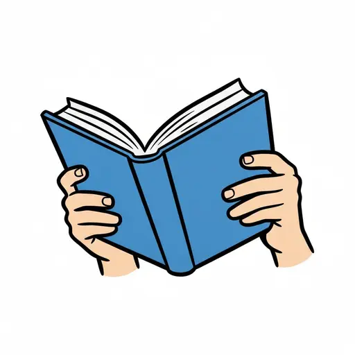 Twee handen houden een opengeslagen boek met een blauwe kaft vast.