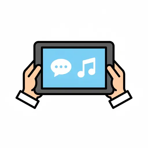 Two hands hold a tablet with a blue screen showing a speech bubble and a music note.