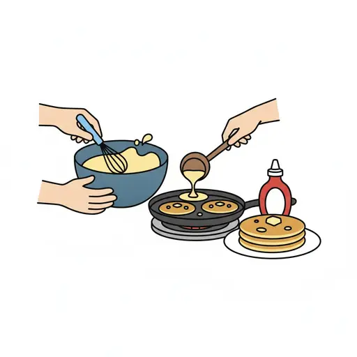 Kädet vatkaavat taikinaa ja kaatavat sitä pannulle, vieressä lettuja ja siirappia.