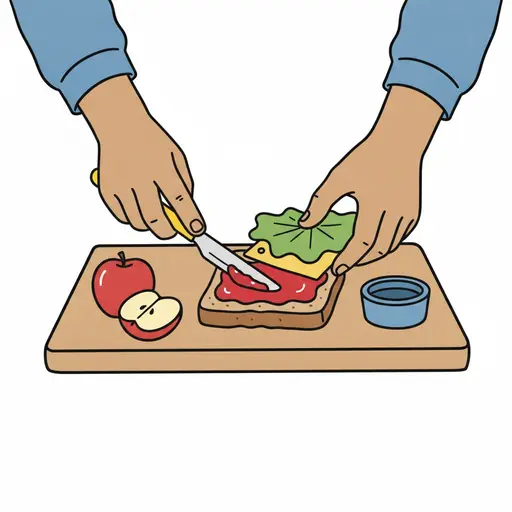 Händer gör en smörgås på en skärbräda med äpple bredvid.