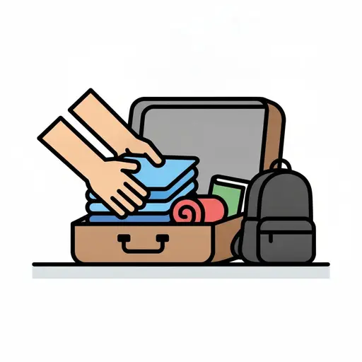 Zwei Hände legen gefaltete Kleidung in einen braunen Koffer, daneben ein Rucksack.