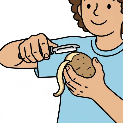 Close-up van handen die een aardappel en een dunschiller vasthouden en de aardappel schillen. De schillen zijn te zien.