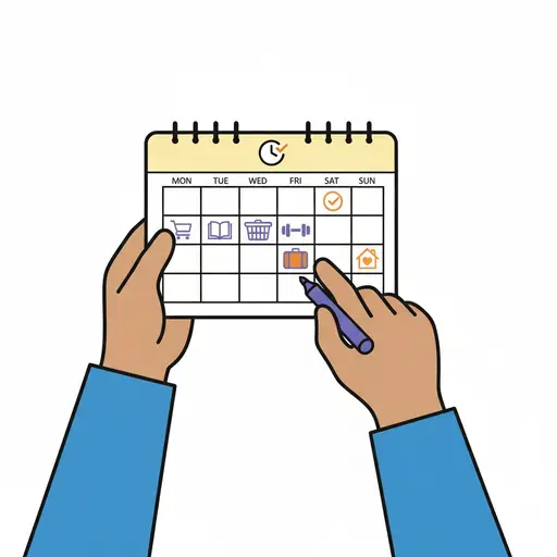 Twee handen houden een weekkalender met kleine symbolen in de vakjes en een pen vast.