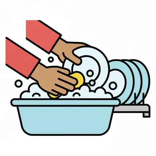 Two hands scrub a plate with a yellow sponge over a basin of suds, next to a dish rack full of plates.