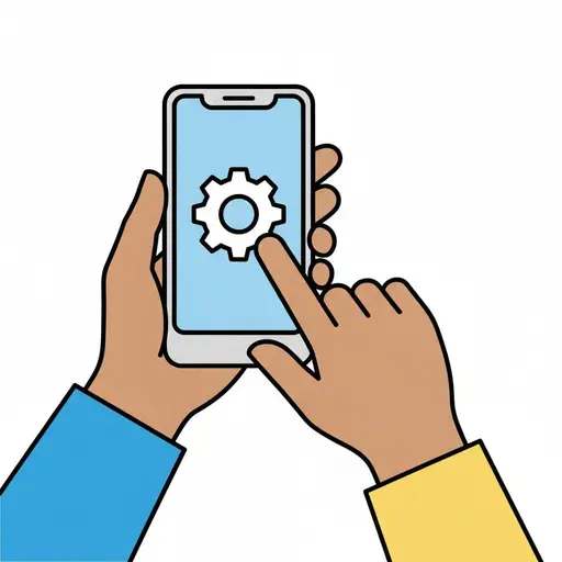 Twee handen in verschillende mouwen stellen samen een smartphone in met een tandwiel voor instellingen op het scherm.