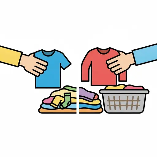 Zwei Hände halten ein blaues T-Shirt und einen roten Pullover über zwei Kleiderstapel und einen Wäschekorb.