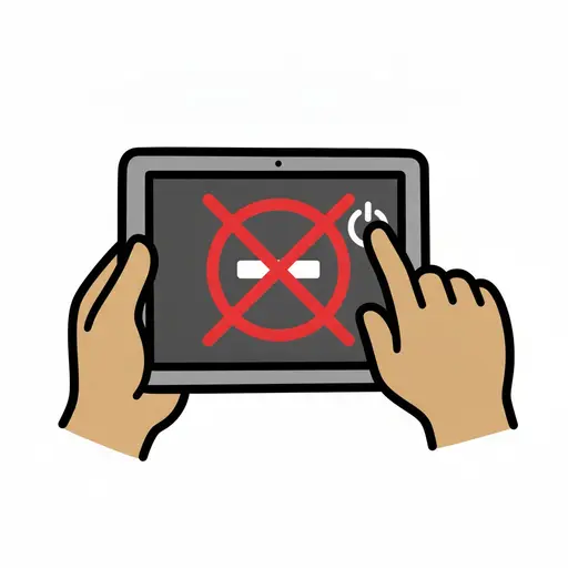 Twee handen houden een tablet vast en drukken op de aan-uitknop om hem uit te zetten, met een verbodsteken op het scherm.