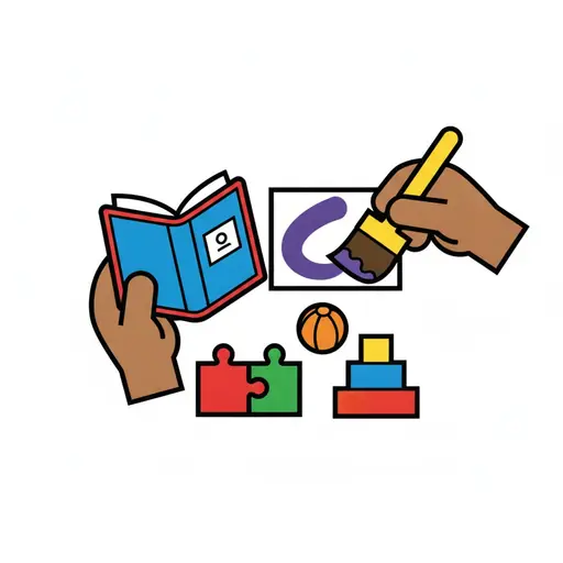 Hände halten ein Buch und einen Pinsel, daneben ein Puzzle, ein Ball und Bauklötze.