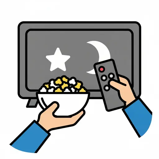 Eine Hand hält eine Schüssel Popcorn, die andere eine Fernbedienung vor dem Fernseher.